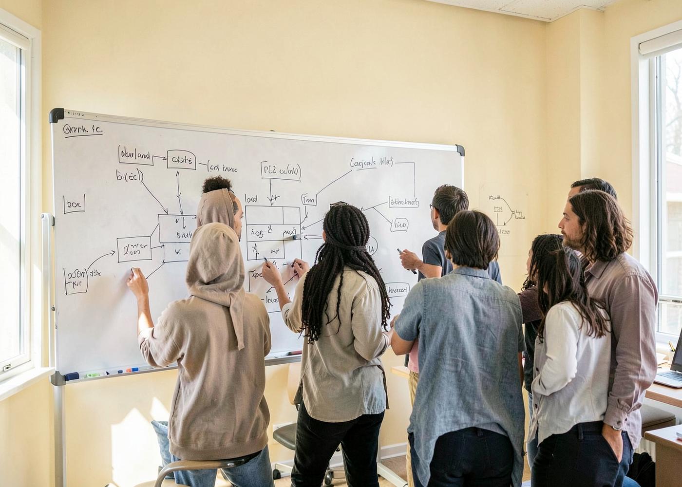 Colleagues sketching a system architecture diagram on a whiteboard